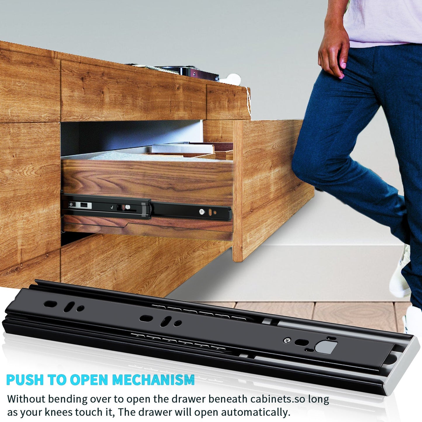 Push to Open Drawer Slides Full Extension Rail handleless Side Mount Dresser Cabinet Bracket Replacement Ball Bearing Tracks kit Guide Runner 100lb - YENUO