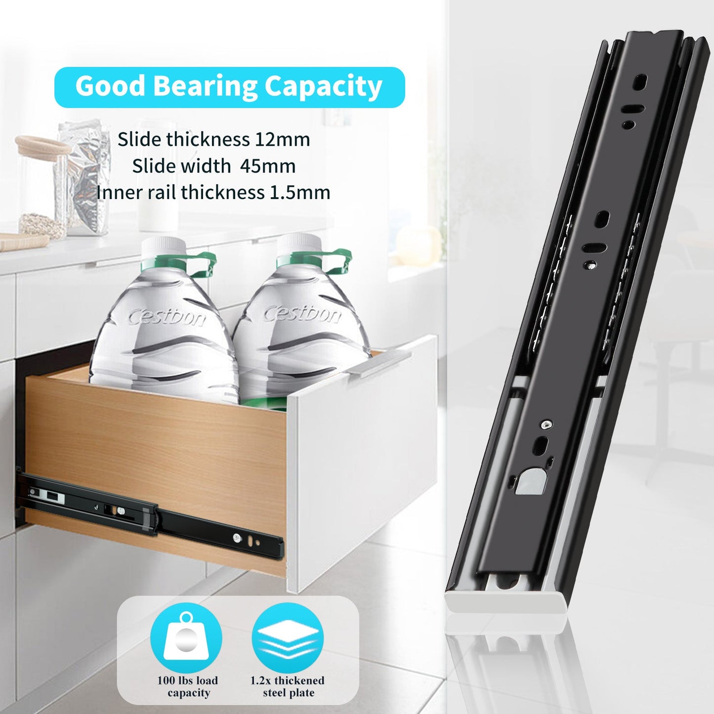 Push to Open Drawer Slides Full Extension Rail handleless Side Mount Dresser Cabinet Bracket Replacement Ball Bearing Tracks kit Guide Runner 100lb - YENUO