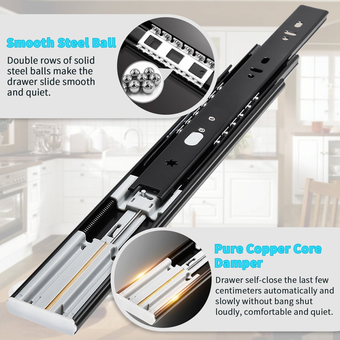 Soft Close Drawer Slides Full Extension Side Mount Ball Bearing Metal Rails Track Guide Glides Runners Heavy Duty 100 Pound - YENUO