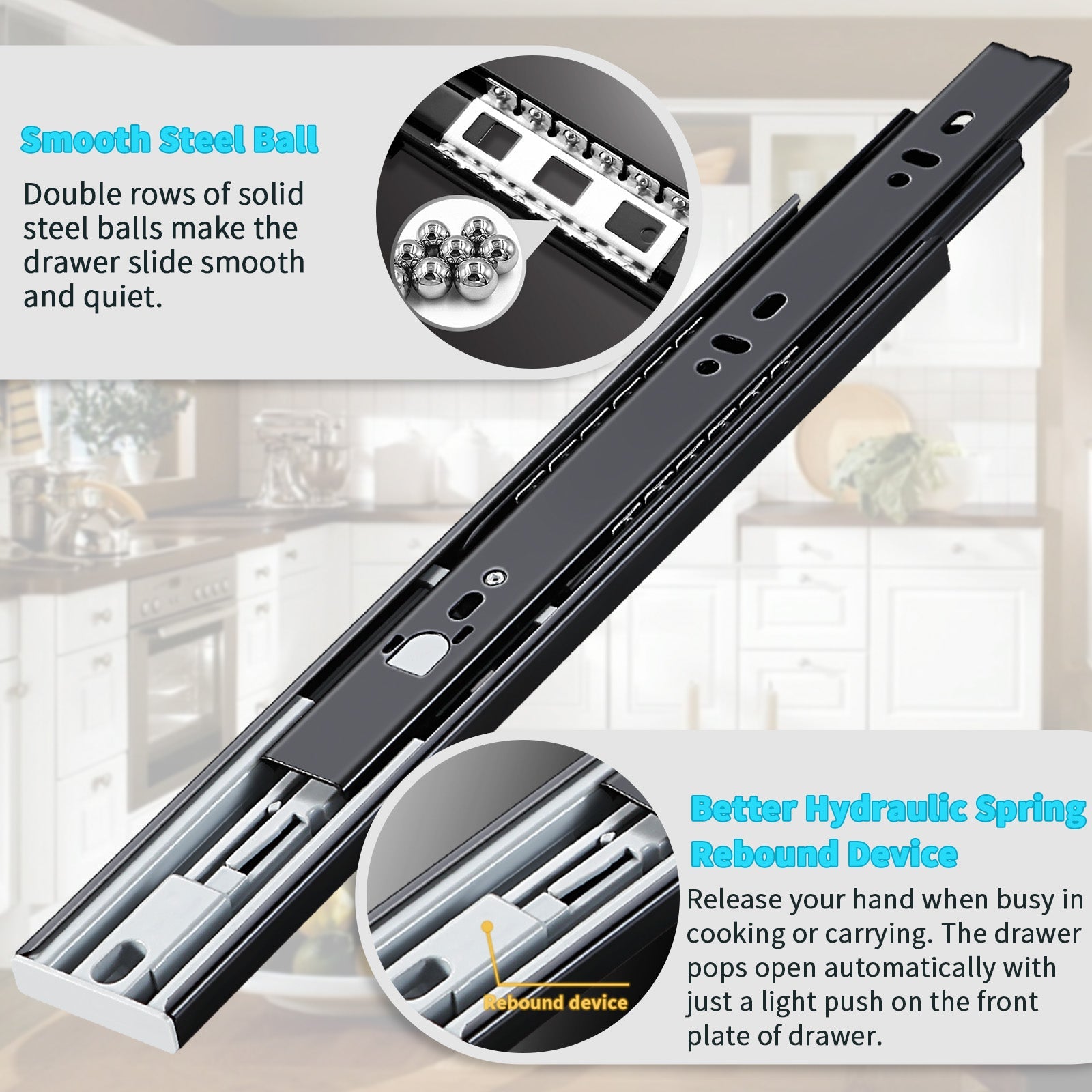 Push to Open Drawer Slides Full Extension Rail handleless Side Mount Dresser Cabinet Bracket Replacement Ball Bearing Tracks kit Guide Runner 100lb - YENUO