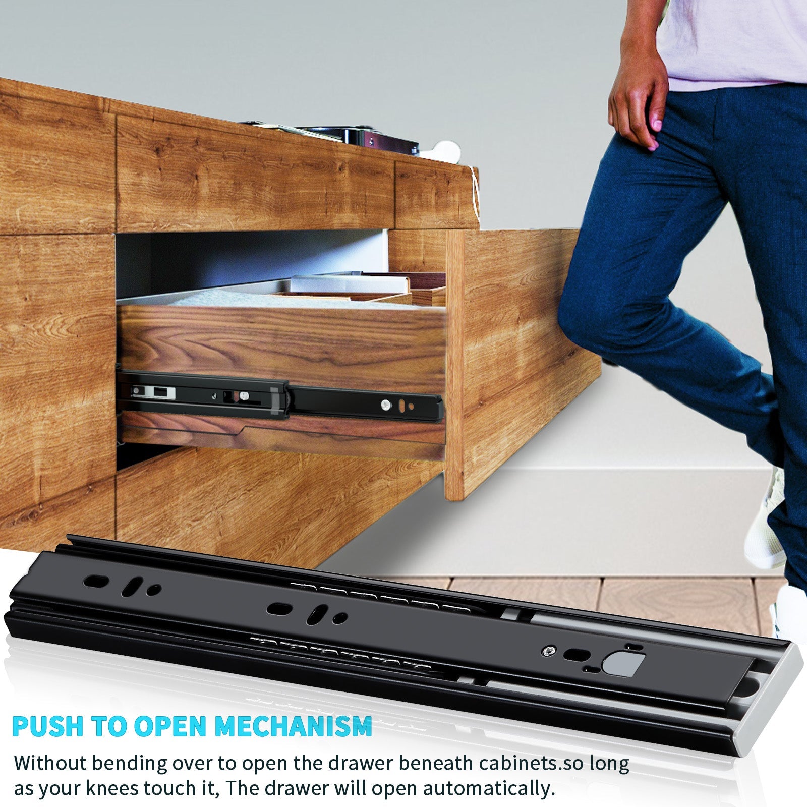 Push to Open Drawer Slides Full Extension Rail handleless Side Mount Dresser Cabinet Bracket Replacement Ball Bearing Tracks kit Guide Runner 100lb - YENUO